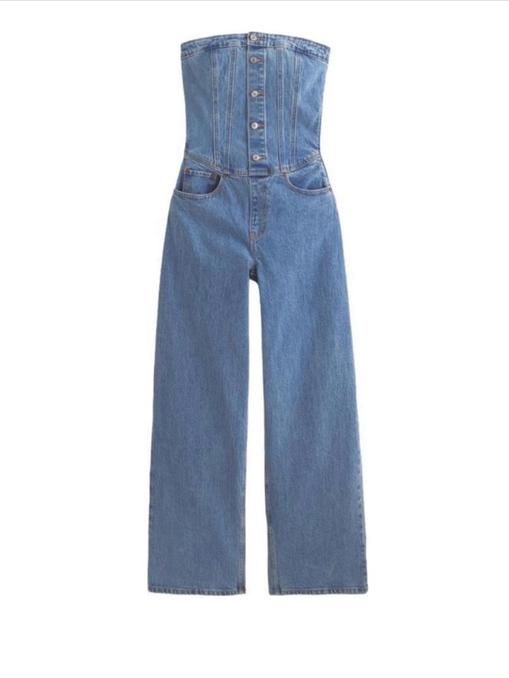 Abercrombie & Fitch Light Blue Strapless Wide-Leg Denim Jumpsuit